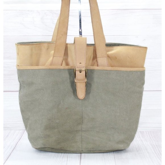 Vintage LL Bean Green Tan Cotton Colorblock Buckle Shoulder Tote Bag - Picture 2 of 10